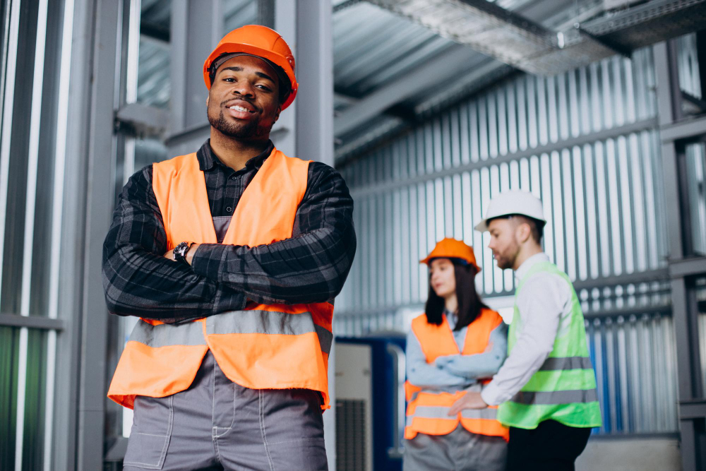 three factory workers safety hats discussing manufacture plan